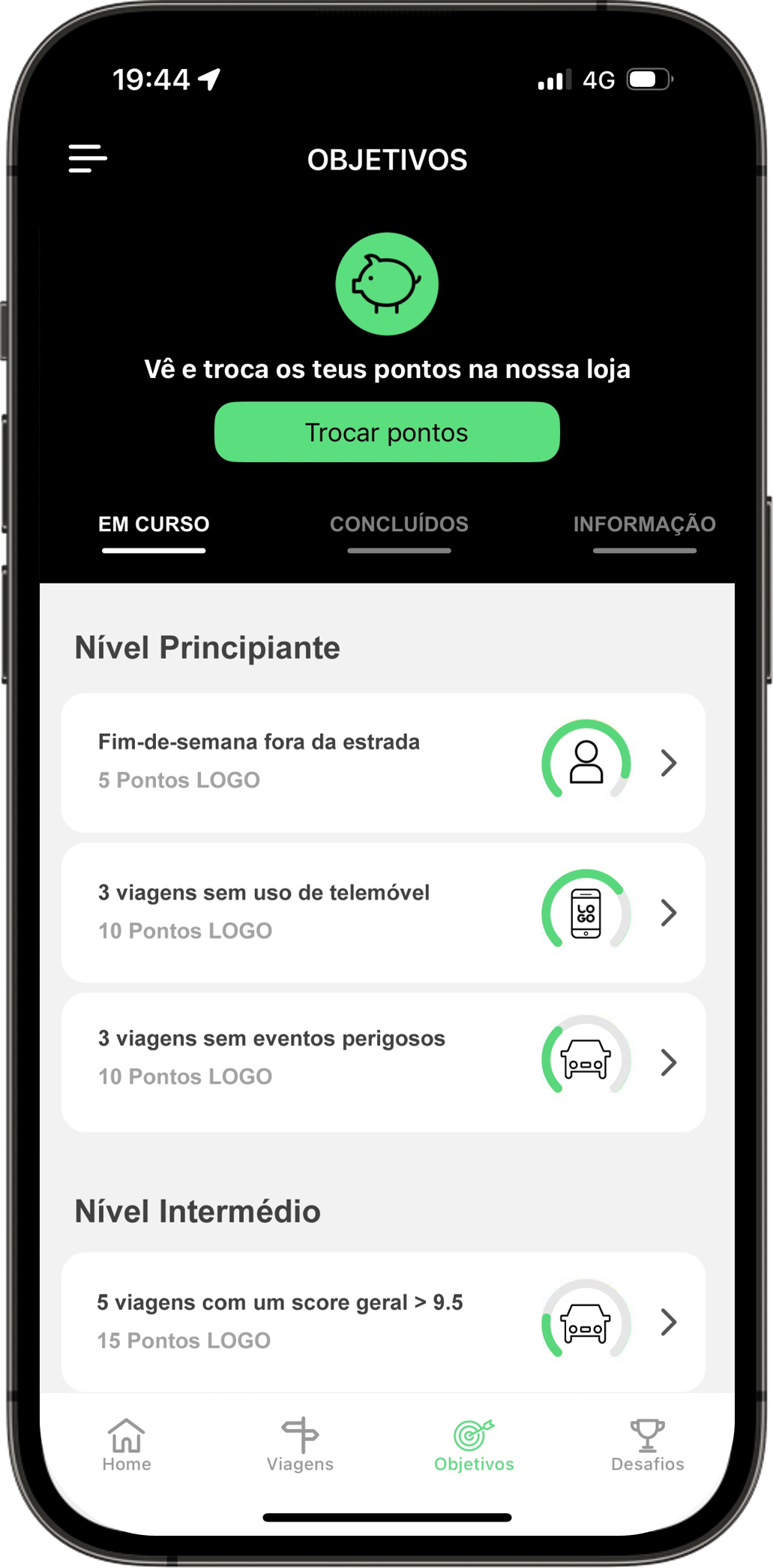 Ecrã app Ganha LOGO Objetivos mensais